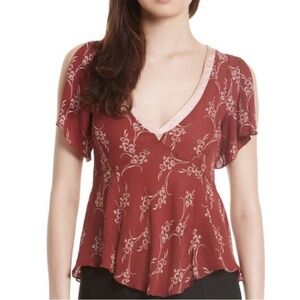 CINQ A SEPT XS Whitley Floral-Printed Top w/ Satin Trim size large red 100% silk